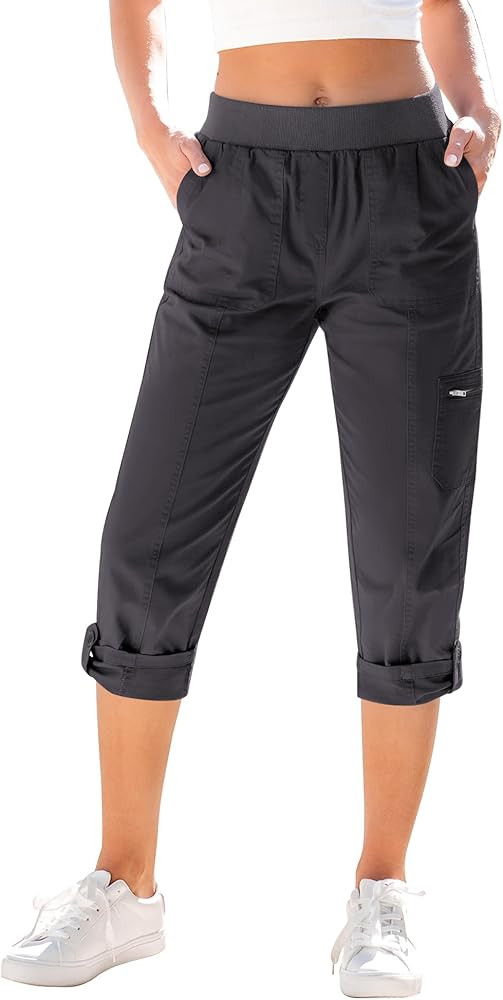 GRAPENT Capri Cargo Pants for Women High Waisted Pull On Elastic Waist Stretch Twill Fold Hem Cap... | Amazon (US)