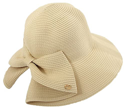 Womens Wide Brim Slit Sun Hat Bow Knot Summer Straw Sun Hats for Women (Beige) | Amazon (US)