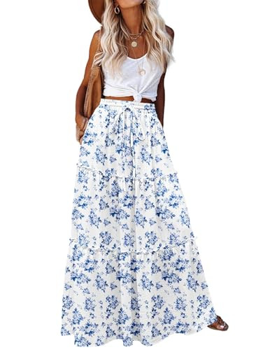 Amazon.com: Zeagoo Women's Floral Boho Skirts Vacation Outfits for Women 2026 White Blue Long Ski... | Amazon (US)