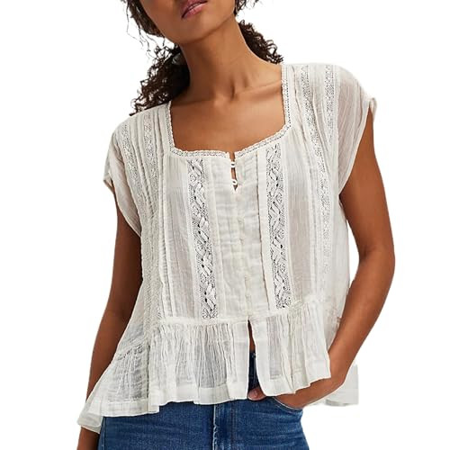 Women Y2k Semi Sheer Blouse Shirt Lace Trim Button Down Short Sleeve Round Neck Casual Going Out Tops Streetwear(White,S) | Amazon (US)
