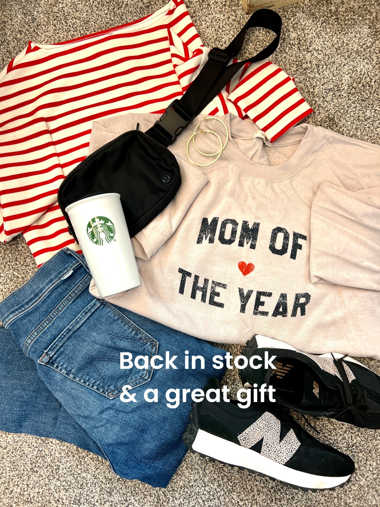 Back in stock…
And great gift idea

Mother of the year sweatshirt by favorite daughter
I’ve had mine a couple years and I love it! Cozy soft and fun to wear❤️

Red and white strip Spanx tee 
Tts use code Deardarcyxspanx for 15% off 

Mothers denim one of my favorite jeans 

Lululemon crossbody bag 

Starbucks tumbler 

New balance 327 tennis shoes 

Jenny bird hoop earrings 

#LTKSaleAlert #LTKootd #LTKMothersDay