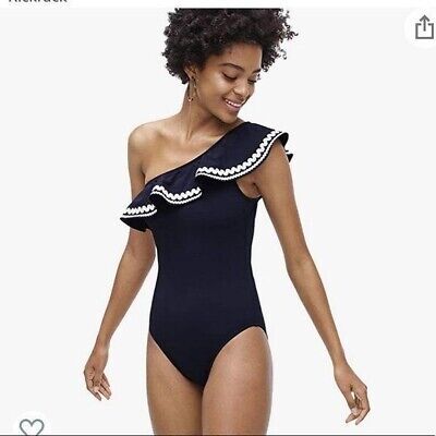 J Crew Womens size 6 navy ruffle rickrack one shoulder swimsuit | eBay US