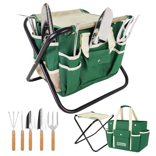 GardenHOME 7-Piece Gardening Tool Set – Stainless Steel Hand Tools with Wooden Handles, Folding Stool, and Canvas Tote Bag, Yard Maintenance Kit for Gardeners, Women, and Beginners | Amazon (US)