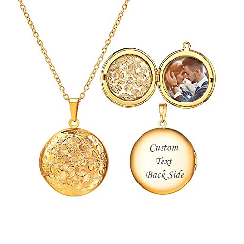 U7 Round Locket Jewelry Memorial Necklace 18K Gold Plated Flower Engraved Photo Locket Pendant Necklaces, Chain 22 Inch | Amazon (US)