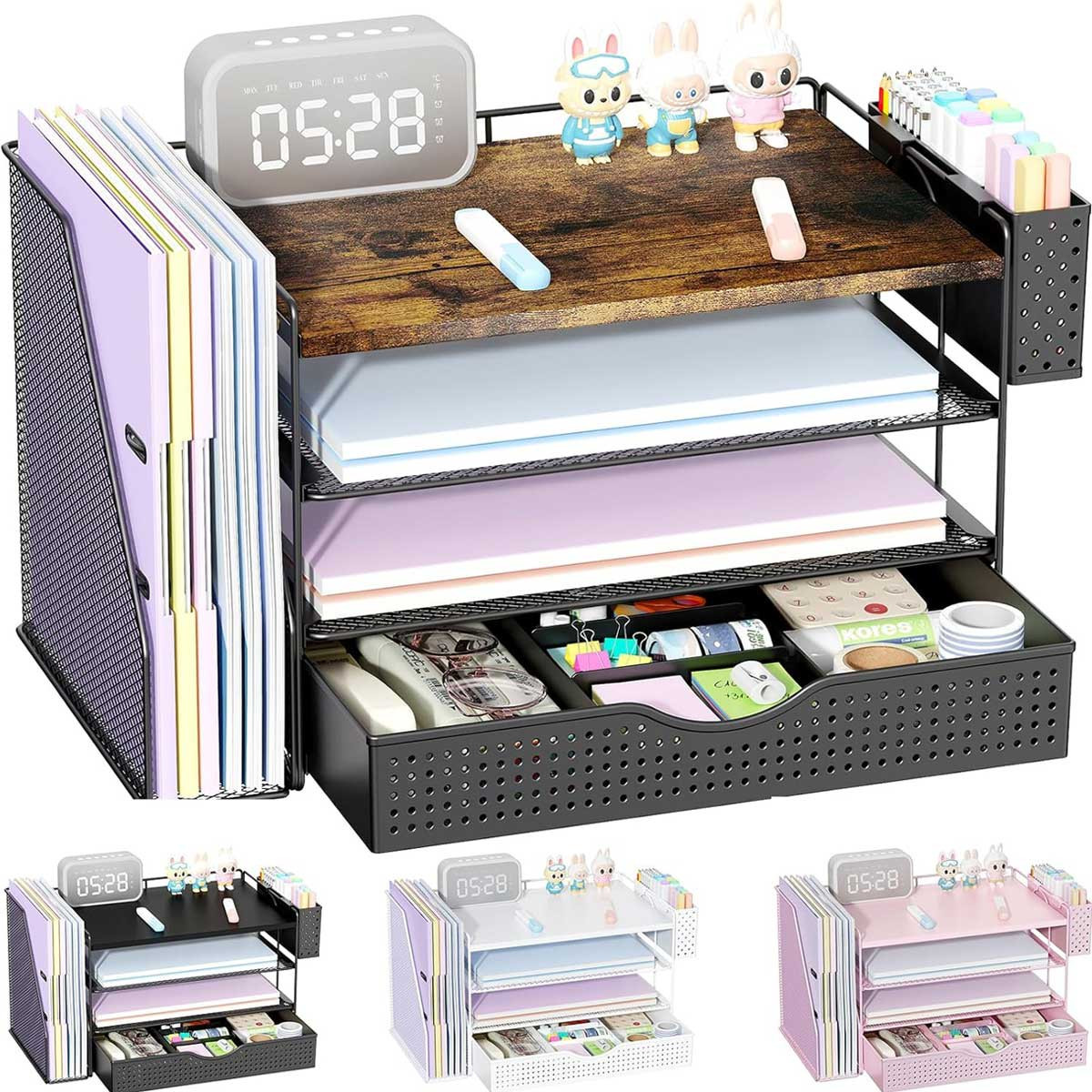 Aoibox Wood Desk Organizer Set 1 Piece with 4 Trays Magazine Rack Pen Holder Sliding Drawer Space Saving Office Paper Organizer 15 x 9 x 13 in | Lowe's