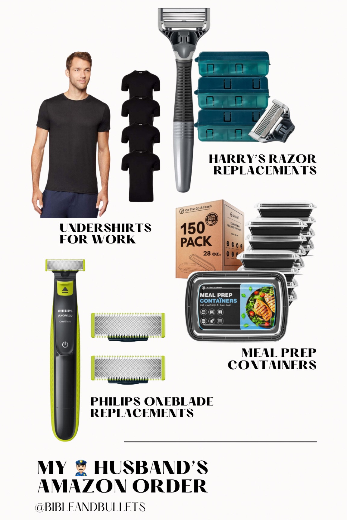 My husband’s latest Amazon order for some of his essential items. 

men’s workwear undershirt | Harry’s razor and blades | Phillips Oneblade razor and blades | meal prep containers 

#LTKfindsunder50 #LTKworkwear #LTKmens
