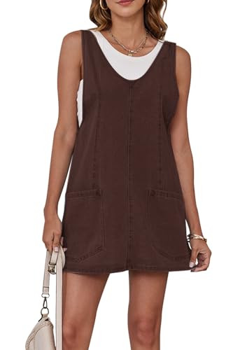 MAOECO Womens Fashion Overalls Denim Dress Loose Casual Sleeveless Mini Pinafore Jean Romper Summer 2025 Outfits High Roller Skirtall Coffee M | Amazon (US)