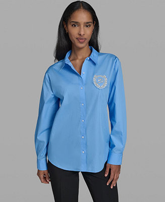 KARL LAGERFELD PARIS Women's Cotton Collared Emblem Blouse - Macy's | Macy's