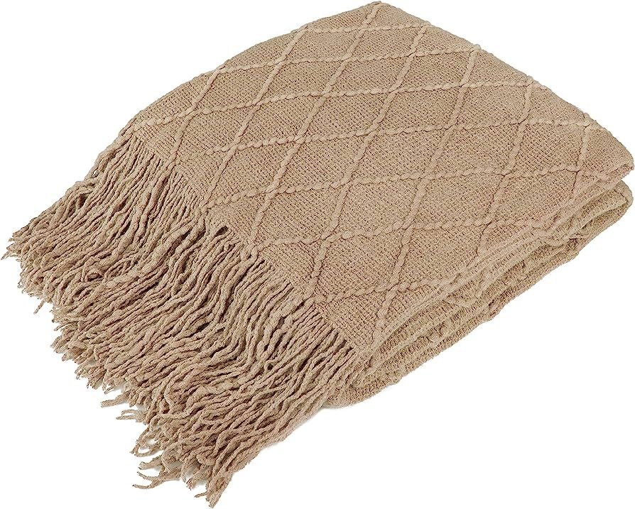 PAVILIA Knitted Throw Blanket Fringe Tan Taupe Beige Camel | Decorative Tassel Boho Farmhouse Dec... | Amazon (US)