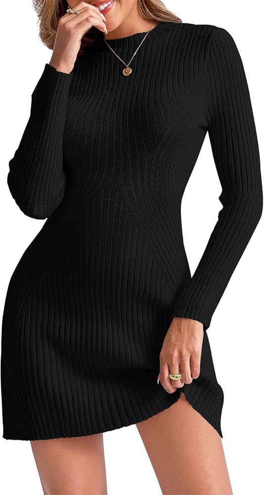 Saodimallsu Womens Long Sleeve Sweater Dress Bodycon Crew Neck Fall Slimming Knit Mini Dresses | Amazon (US)