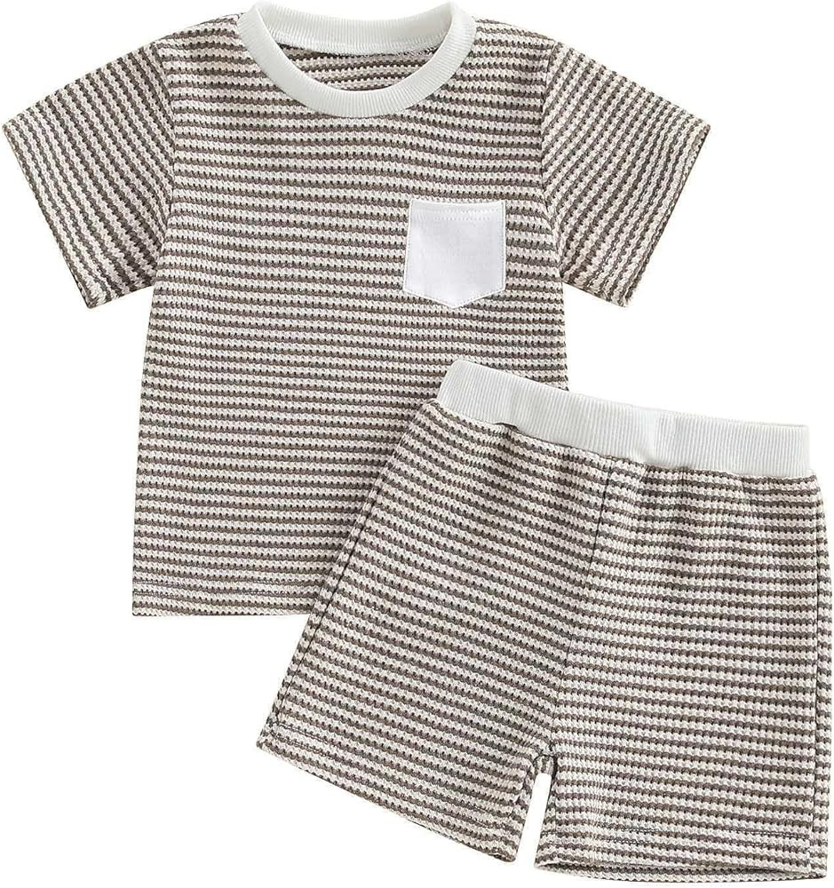 Toddler Baby Boy Summer Clothes Striped T-shirt Tops With Pocket Shorts Sets Boys Outfits 6 12 18... | Amazon (US)