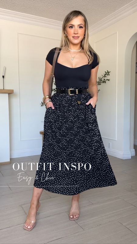 Casual chic midi skirt outfit 😎
This look is perfect for church, a baby shower, or any special occasion! Swap the heels for sneakers or sandals to make the outfit more casual! 

✔️ wearing small in both top and bottom. 
✔️skirt has an elastic waistband and pockets 🙌🏼

#LTKU #LTKstyletip #LTKfindsunder50