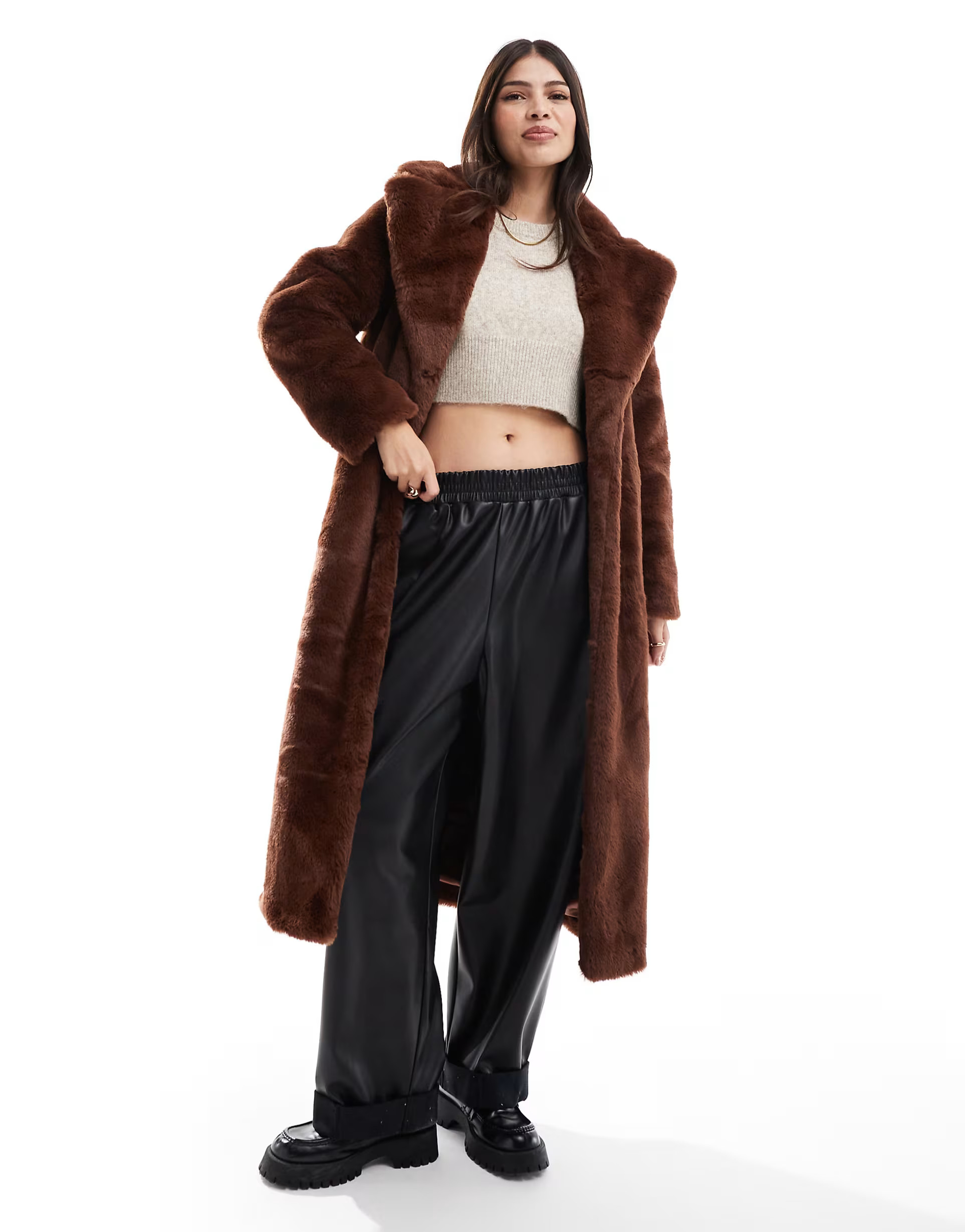 Miss Selfridge faux fur maxi coat in rich chocolate brown | ASOS | ASOS (Global)