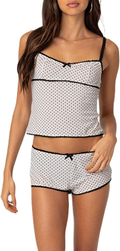 Argeousgor Women Y2k 2 Piece Lace Shorts Set Floral Pajama Set Sleeveless Cami Top with Shorts Pa... | Amazon (US)