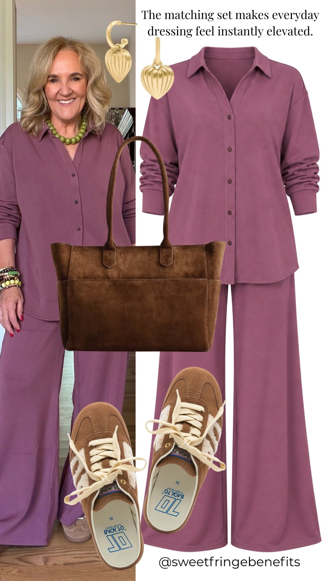 Gotta say, a matching set makes getting dressed pretty simple, and this mauve color is so good with the brown accessories. I’m wearing a medium in the top and a medium petite in the pants.