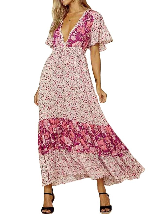 R.Vivimos Women's Short Sleeve V Neck Cotton Beach Floral Buttons Maxi Dresses | Amazon (US)