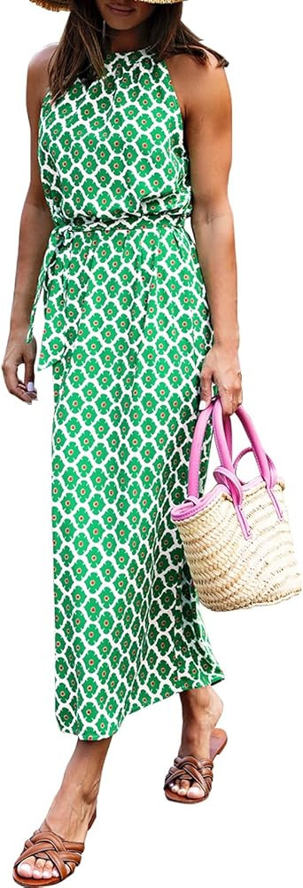 miduo Womens Casual Summer Halter Neck Sleeveless Bohemian Geometric Pattern Flowy A Line Maxi Lo... | Amazon (US)