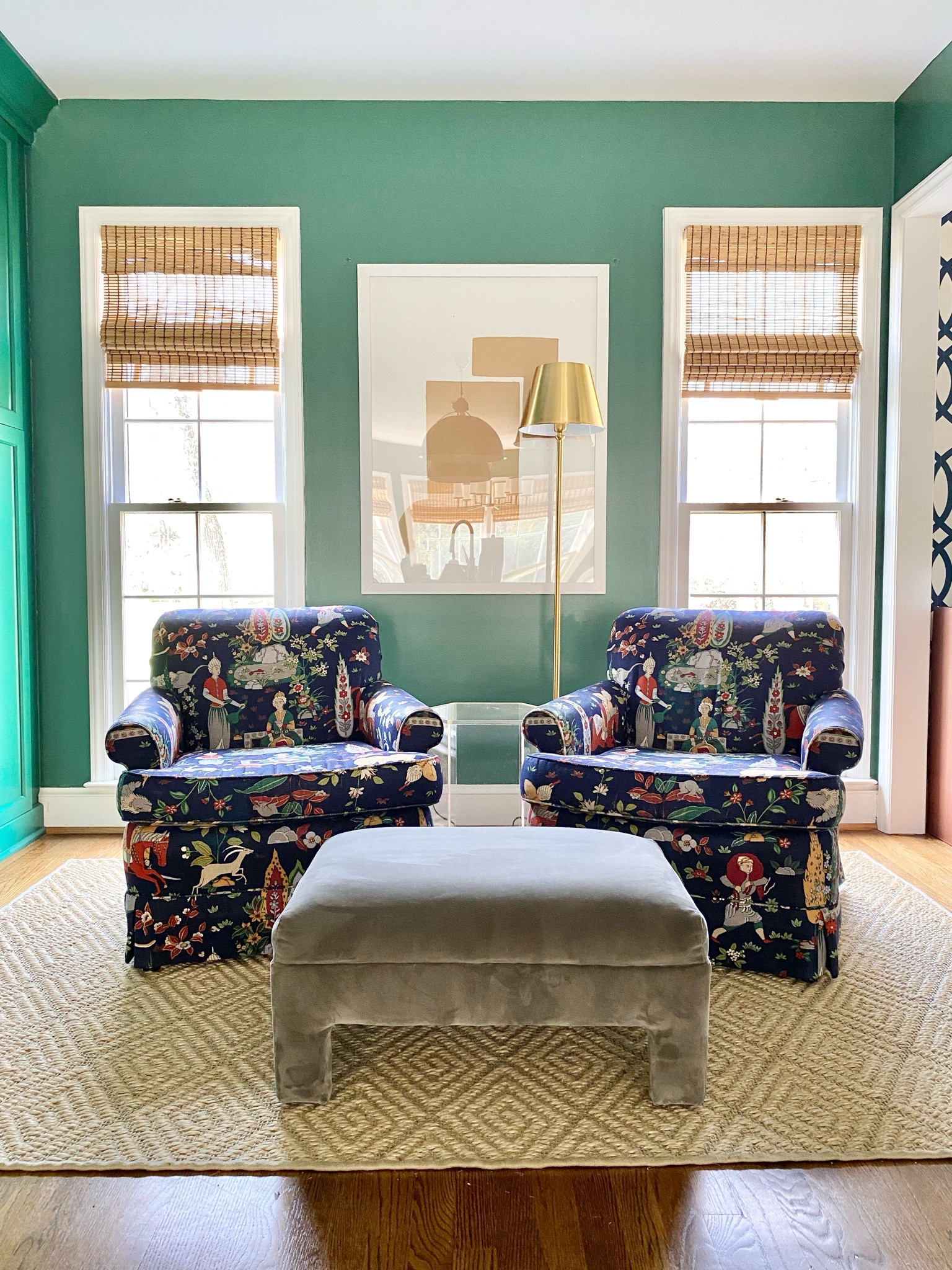 Chinoiserie club chairs, gold floor lamp, bamboo, roaming shades, sisal rug

#LTKHome