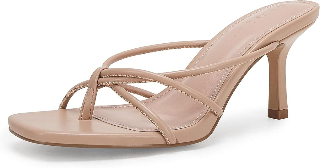 LAICIGO Women’s Square Open Toe Flip Flops Stiletto Heels Strappy Thong Slide on Slingback Mule... | Amazon (US)
