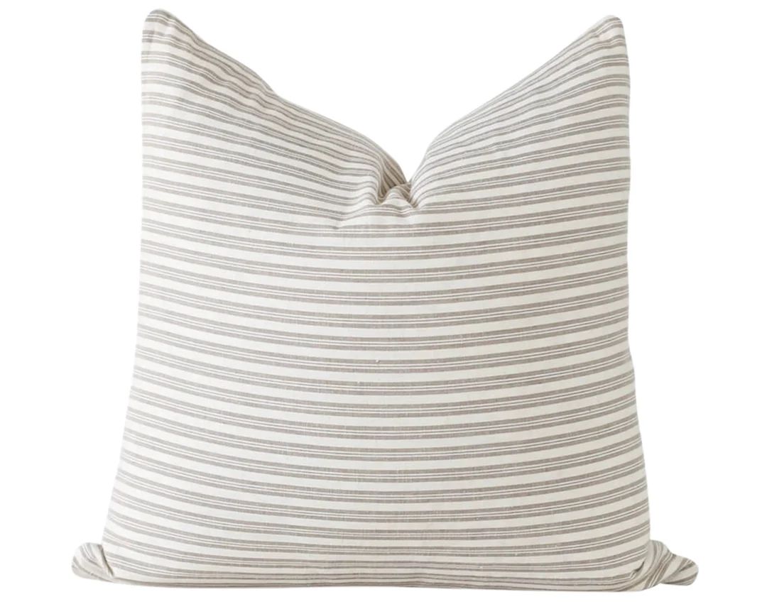 White Throw Pillow, White and Grey Striped Pillow Cover, Neutral Throw Pillow, Farmhouse Pillows,... | Etsy (US)