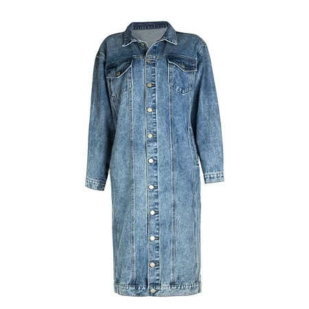Baberdicy Denim Jacket Womens Classic Long Jean Jacket Plus Size Loose Long Sleeve Button Down Denim Jacket Trench Coat Denim Coat Blue | Walmart (US)