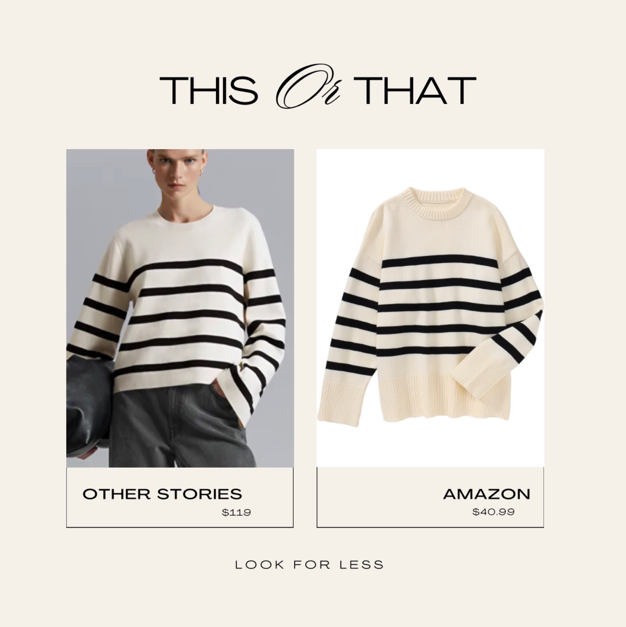 #lookforless #dupe 
Stripes on trend
This sweater from Amazon is great quality, thick, warm and fits well 
Dress up or down 
Perfect for fall 

#LTKstyletip #LTKSeasonal #LTKfindsunder50