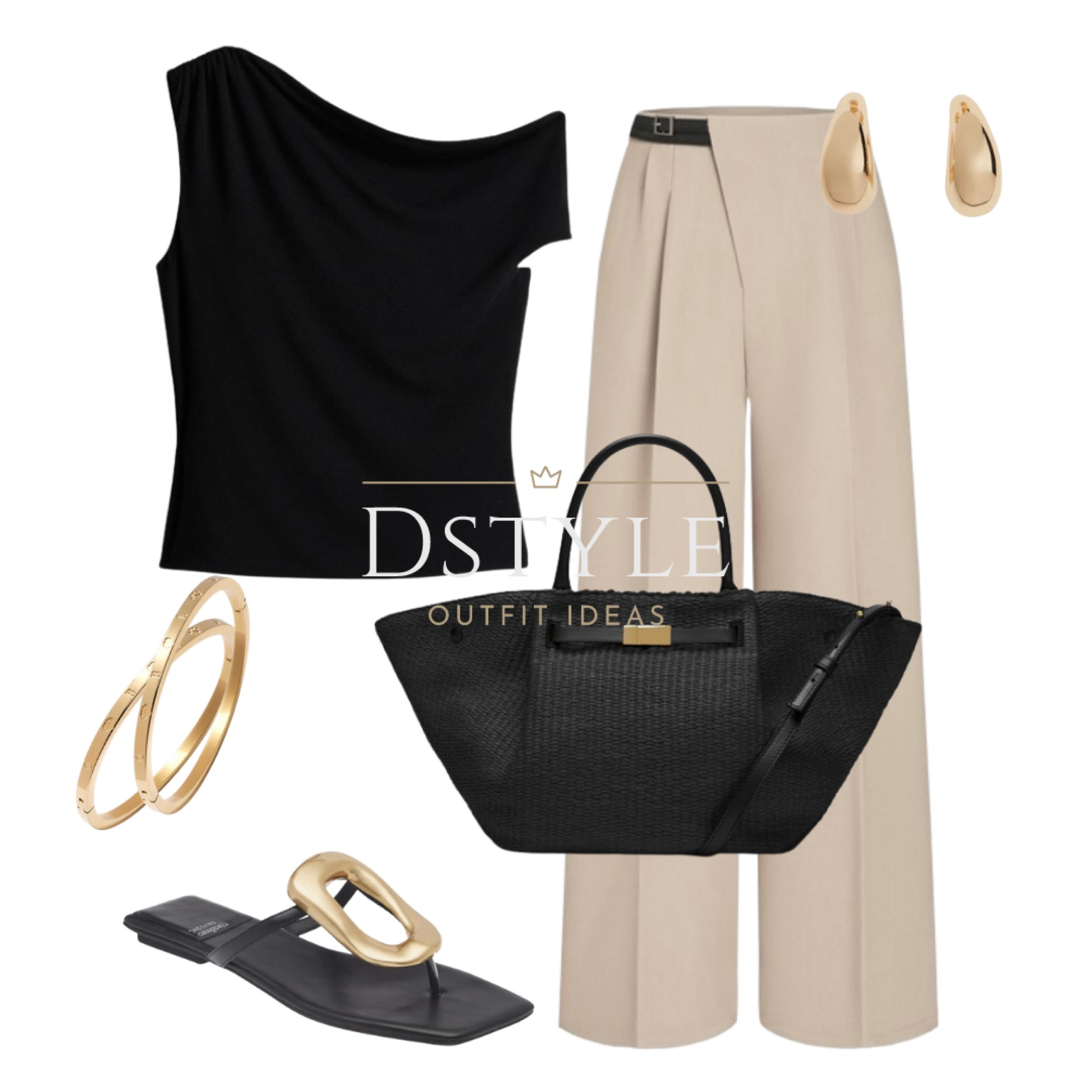 Black twist-detail one-shoulder top, high waisted belted trousers, flat sandals, matching bag-currently on SALE. 
Neutral look, summer outfit, office wear, work wear

#LTKStyleTip #LTKSummerSales #LTKWorkwear