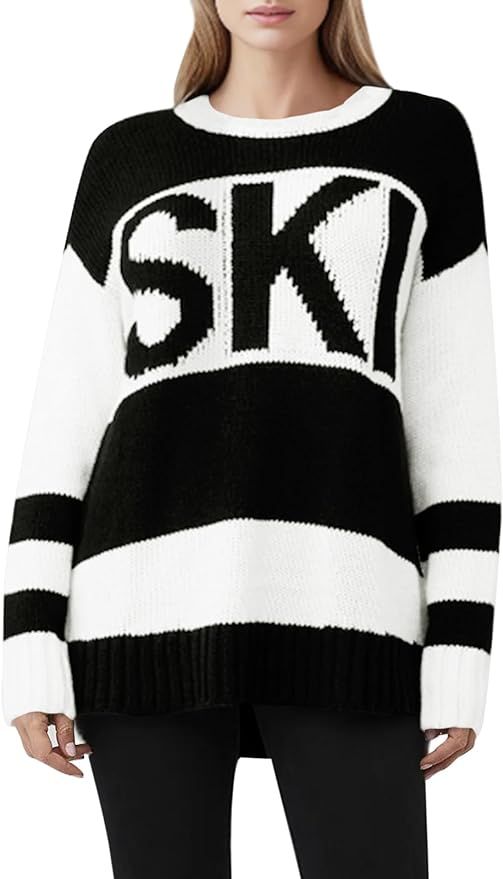 Saodimallsu Womens Color Block Oversized Sweater Ski Print Fall Trendy Crew Neck Long Sleeve Pull... | Amazon (US)