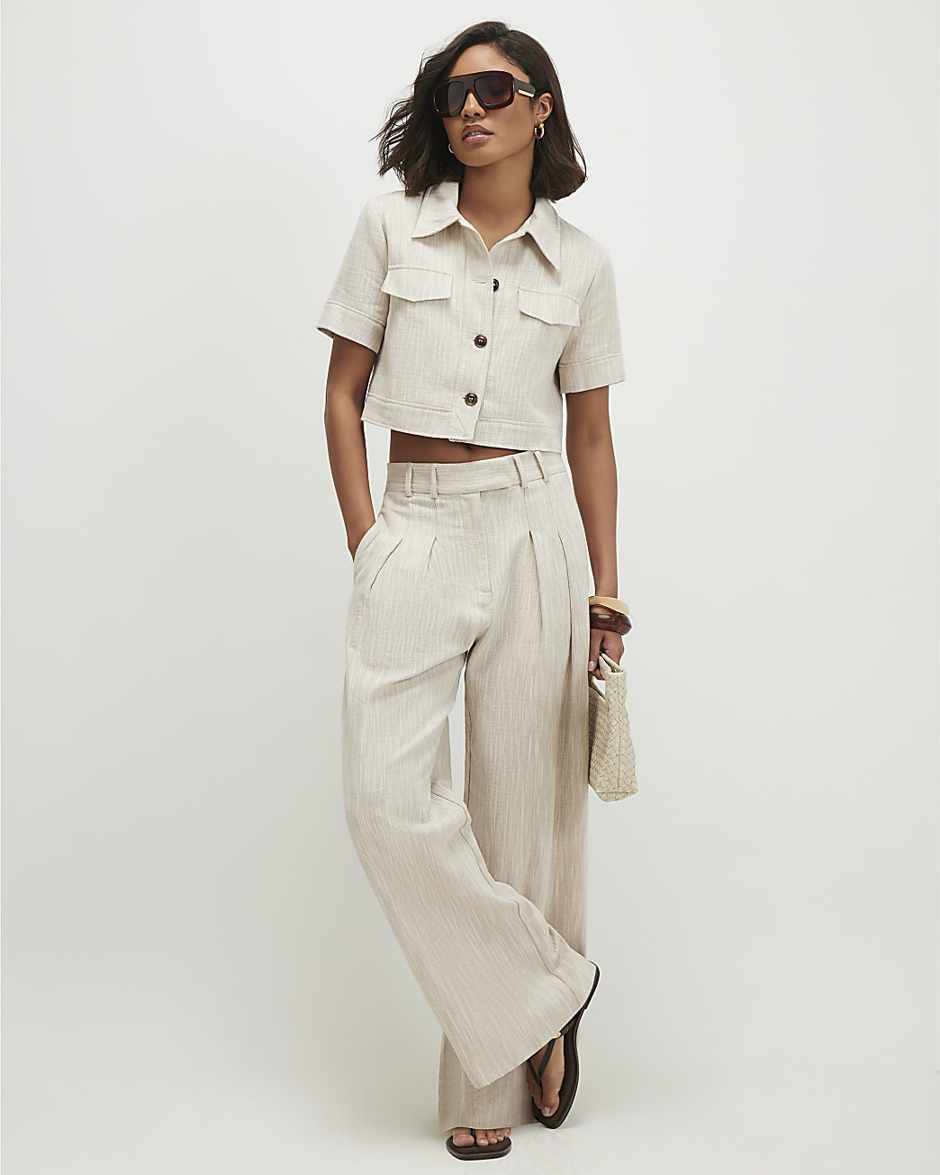 Beige Cotton Wide Leg Trousers | River Island UK & IE