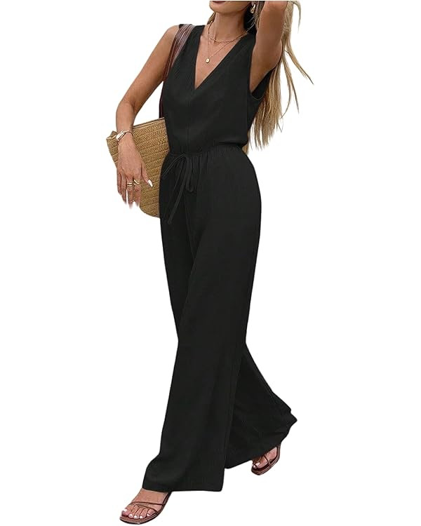 Amazon.com: SOLY HUX Women's Deep V Neck Sleeveless Jumpsuit Backless Summer Wide Leg Pants Rompe... | Amazon (US)