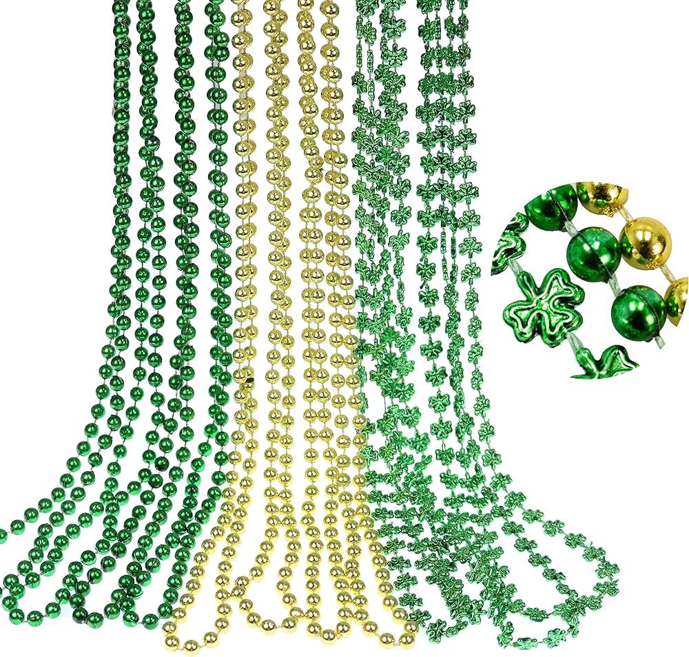 GiftExpress 12 pack Mardi Gras Beads Necklace, Metallic Green Gold Shamrock Beaded Necklace, Mard... | Amazon (US)