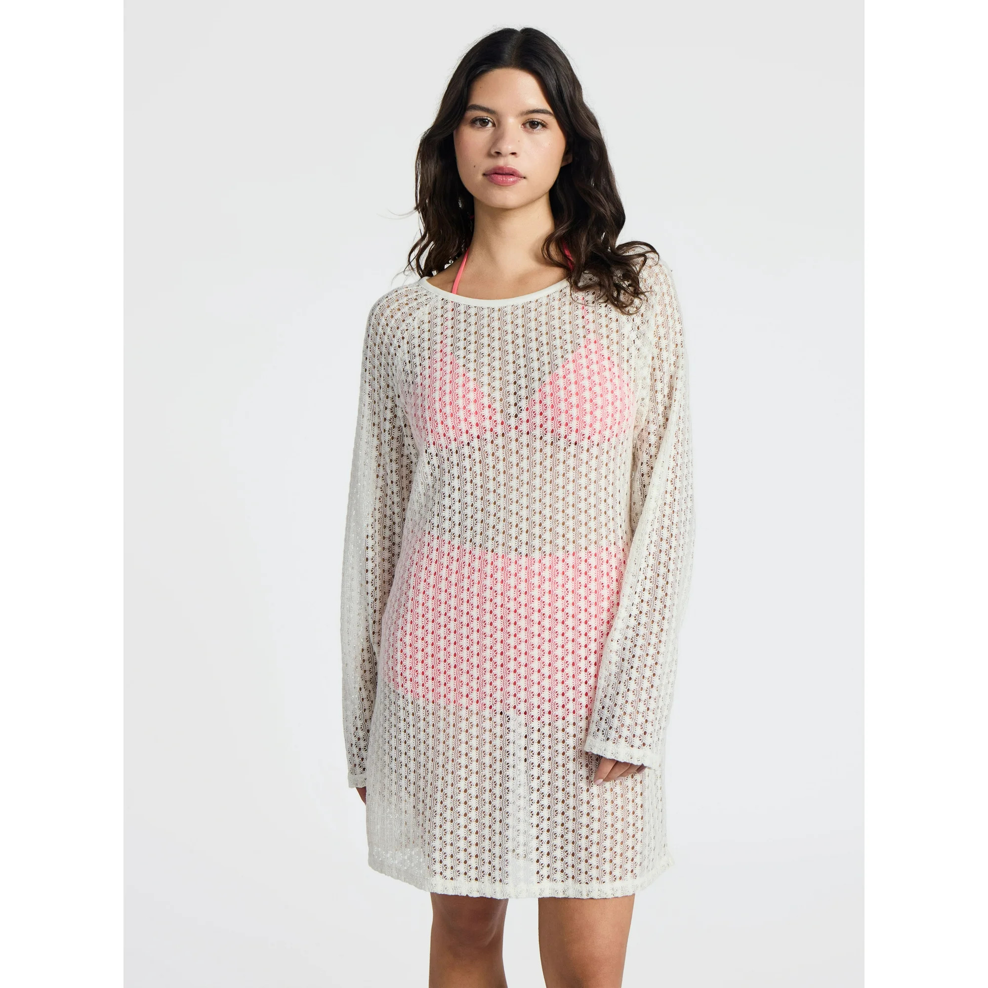 No Boundaries Crochet Raglan Dress Swim Coverup with Long Sleeves, Women's | Walmart (US)