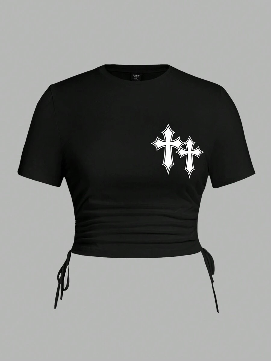 SHEIN EZwear Plus Size Women Cross Print Drawstring Hem Fitted Short Sleeve Tee Shirt For Summer | SHEIN