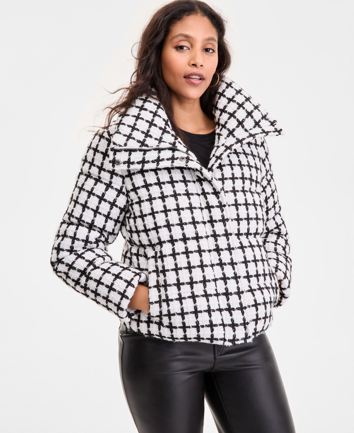 Bcbgmaxazria Women's Short Tweed Puffer Coat, Exclusively at Macy's - Cream/Black | Macy's