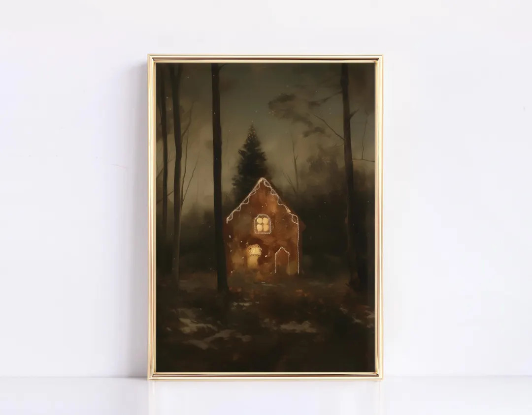 Gingerbread Forest Christmas House Print Neutral Vintage Digital Print Christmas Landscape Modern... | Etsy (US)