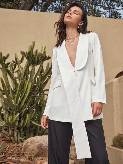 Cut-out Back Asymmetrical Collar Longline Blazer | SHEIN