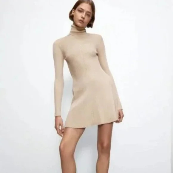 Zara Turtleneck Sweater Knit Mini Dress Tan Taupe Camel | Poshmark