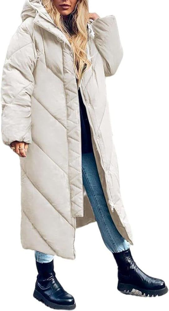 Flygo Womens Long Puffer Coat Long Sleeve Padded Winter Down Coats Hooded Parka Jacket | Amazon (US)