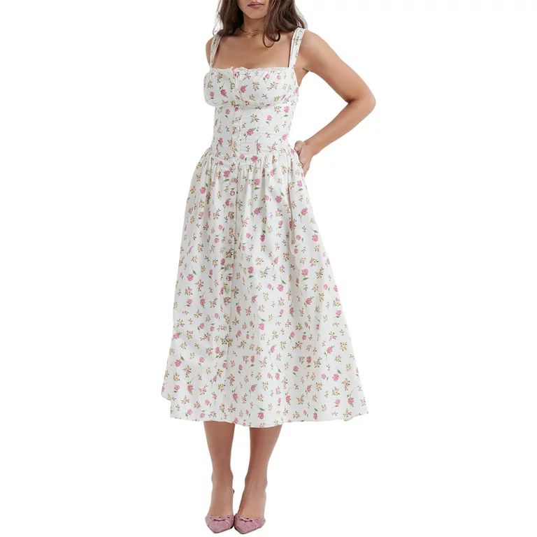 Women Boho Floral Maxi Dress Vintage Spaghetti Strap Backless Corset Swing Midi Dress Y2k Cottage... | Walmart (US)