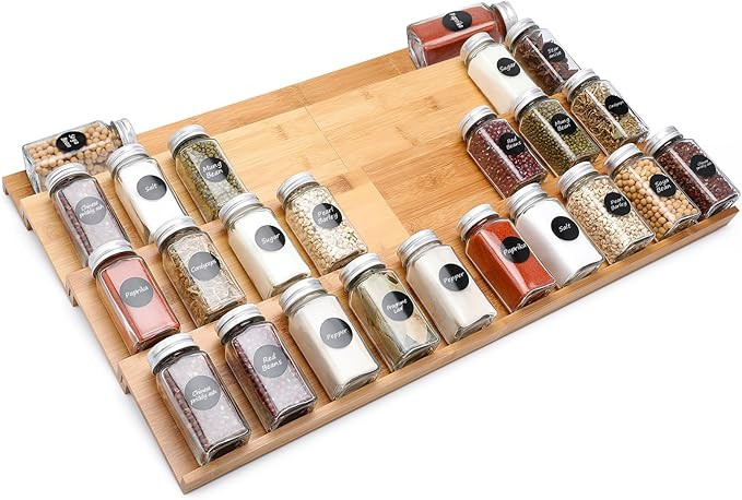 Bamboo Spice Drawer Organizer, 4 Tier In Drawer Spices Rack for Cabinet Drawer Expandable From 13... | Amazon (US)