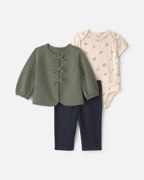 Baby Girl 3-Piece Quilted French Terry Layering Set - Olive Green/Cream | Carter's | Carter's Inc