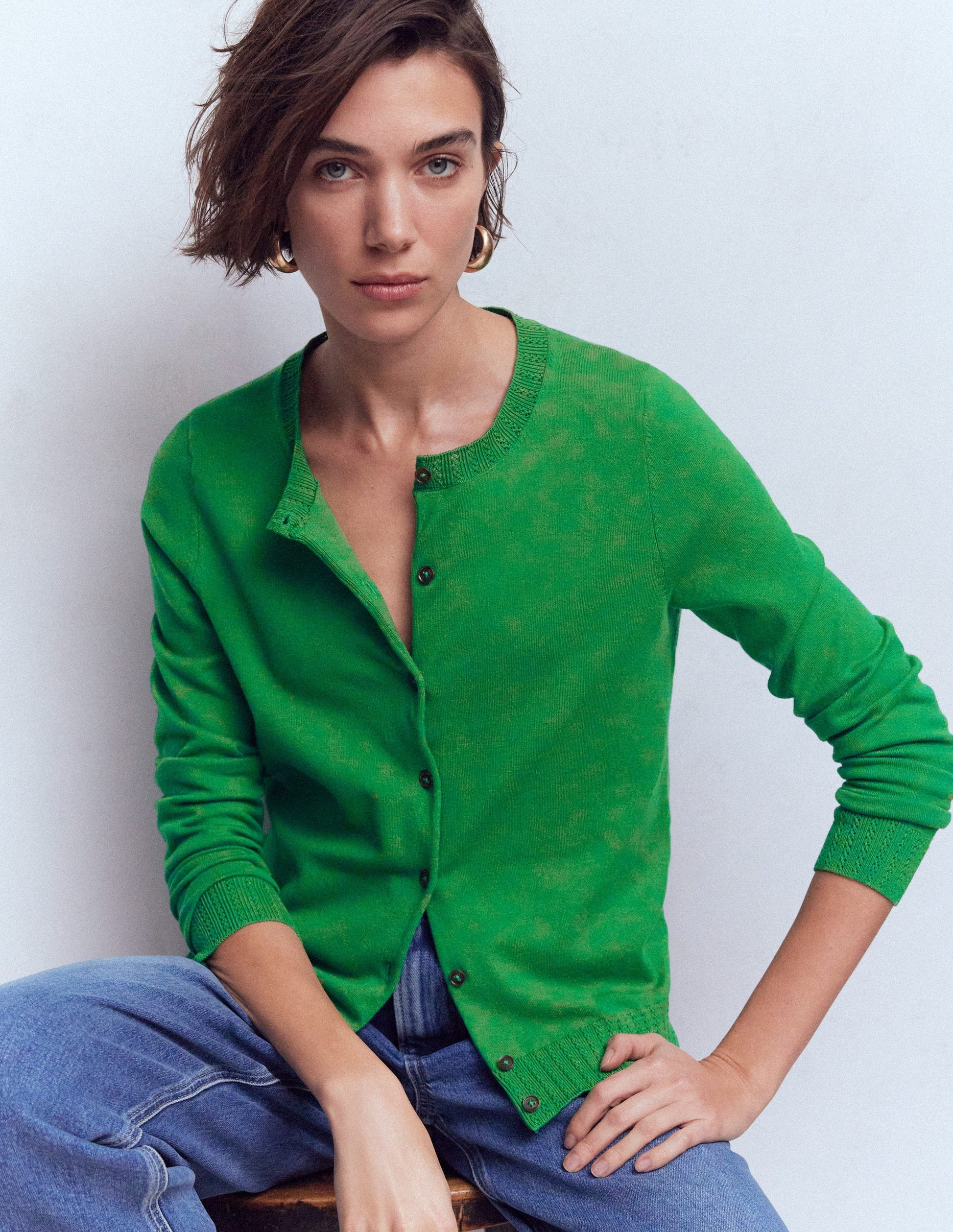 Emilia Cotton Crew Cardigan-Rich Emerald | Boden (US)