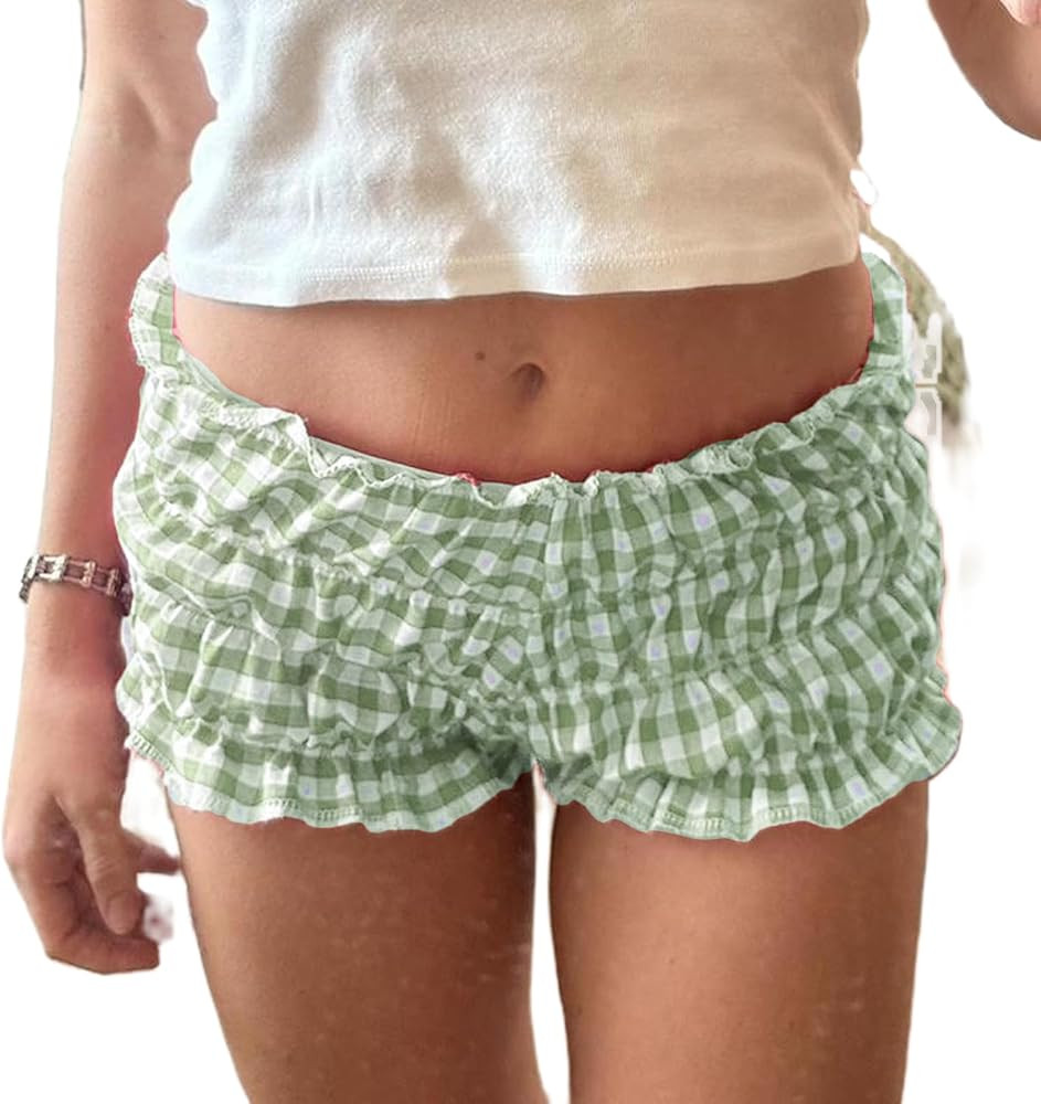 Seyurigaoka Women's Y2K Ruffle Bloomer Shorts, Low Rise Gingham Plaid Leopard Tunnel Lolita Short... | Amazon (US)
