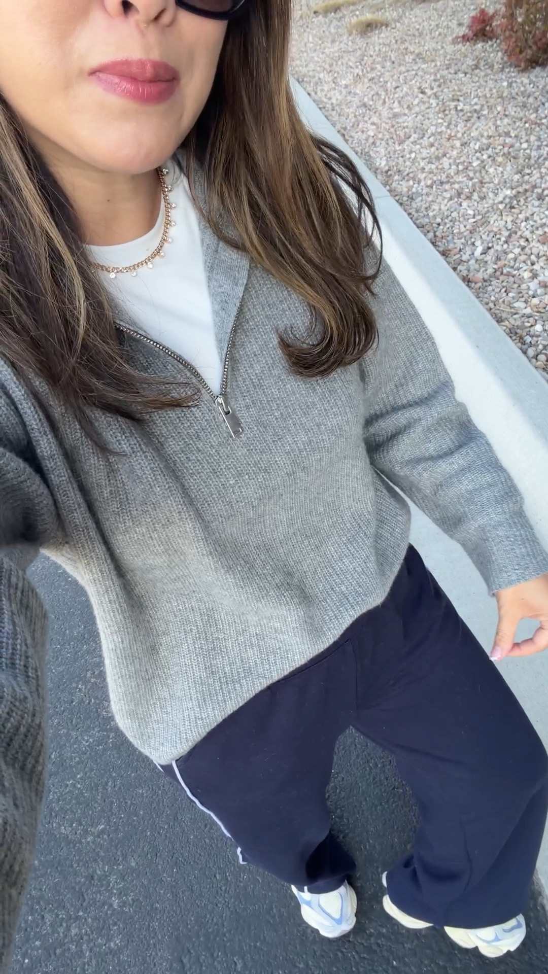 My mom outfit for running errands and taking my daughter to Cheer class! 
Quince Cashmere Sweater: Medium
Pants (part of a set): Medium
New Balance Sneakers