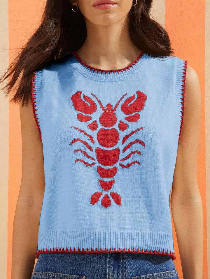 WESTFADE Round Neck Multi Stitch Summer Lobster Intarsia Sweater Vest Spring Break Vacation | SHEIN