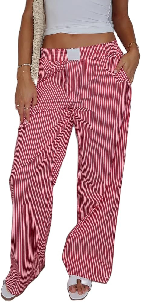 Yoawdats Women Y2K Striped Lounge Pants Casual Loose Elastic Waist Straight Wide Leg Pants Going ... | Amazon (US)