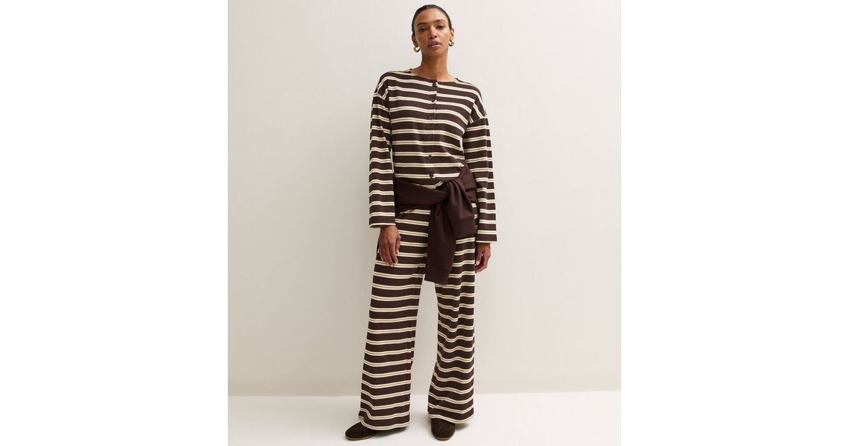 Women's Brown Cotton Rich Striped Wide Leg Trousers New Look | New Look (UK)