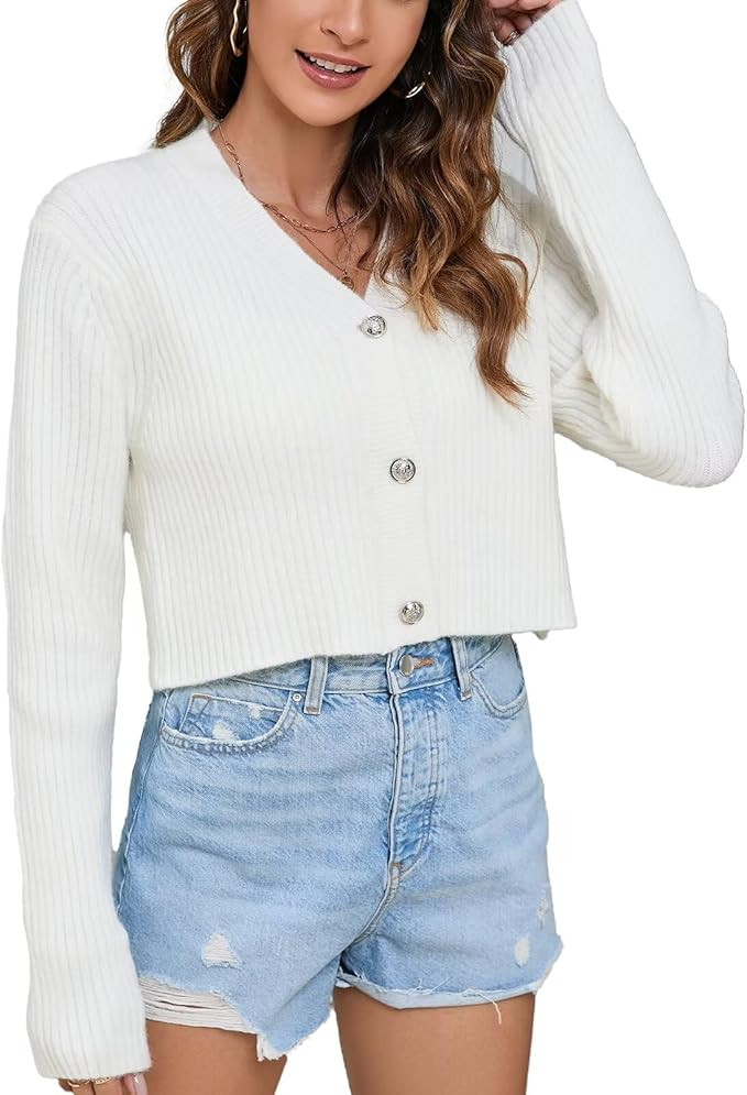 Women's Fall Cropped Cardigan Sweaters V Neck Long Sleeve Open Front Button Down Knit Sweater Top... | Amazon (US)