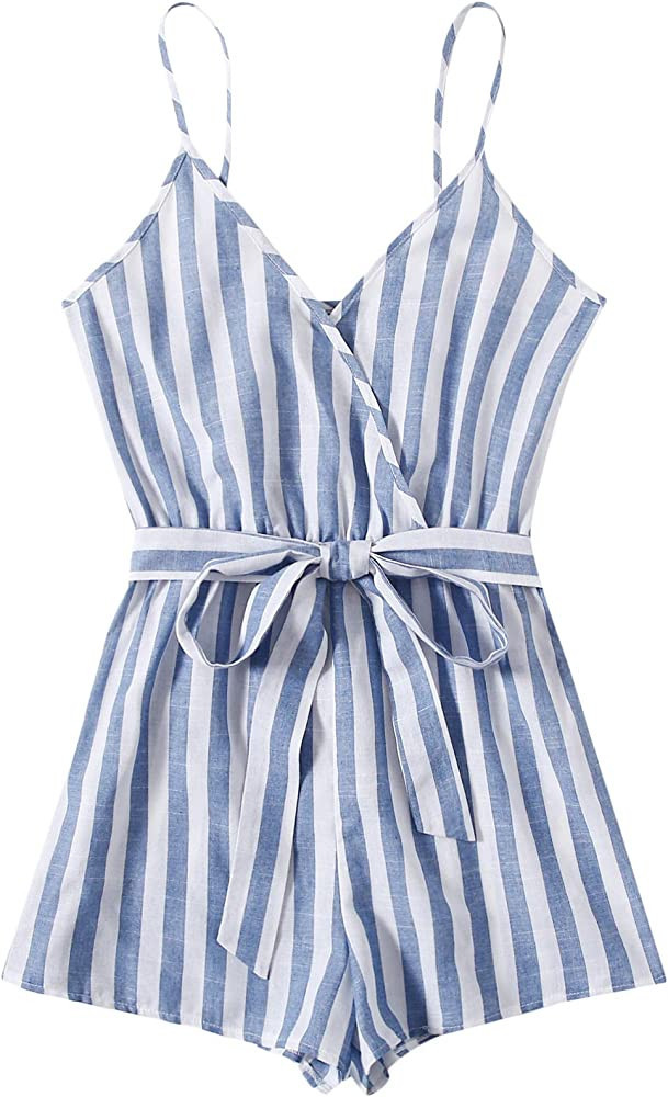 SweatyRocks Women's Boho Striped V Neck Beach Shorts Romper Jumpsuit with Belt Stripe Rompers | Amazon (US)