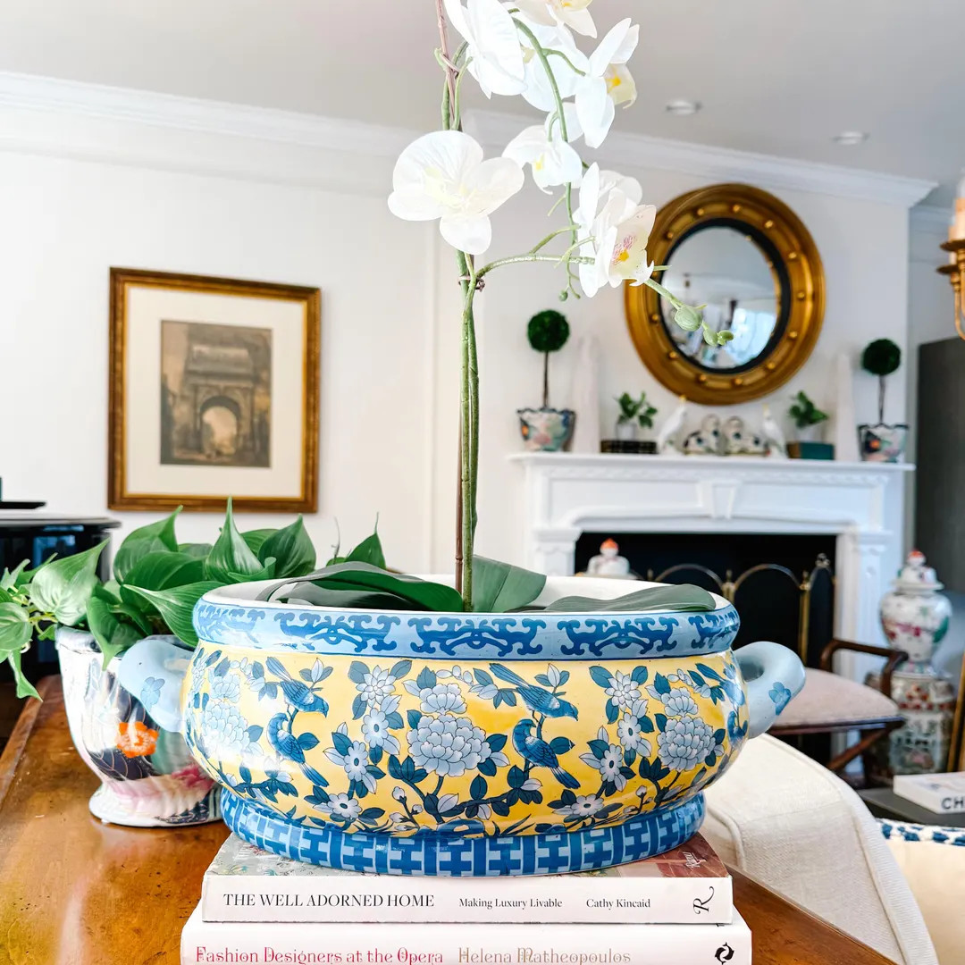 Blue & Yellow Oval Foot Bath With Koi Fish Design, Chinoiserie Jardiniere Pot, Chinoiserie Chic D... | Etsy (US)